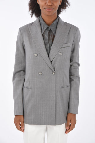 Pinstriped Virgin Wool Peaked Lapel Double-Breasted Blazer