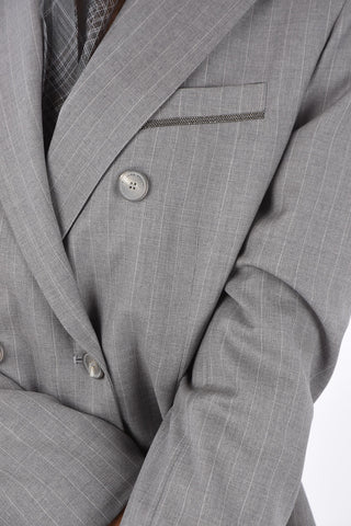 Pinstriped Virgin Wool Peaked Lapel Double-Breasted Blazer