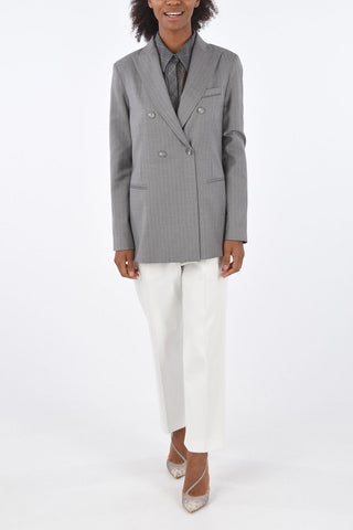 Pinstriped Virgin Wool Peaked Lapel Double-Breasted Blazer