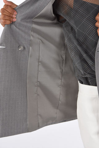 Pinstriped Virgin Wool Peaked Lapel Double-Breasted Blazer