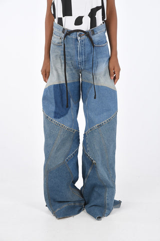 Visible Seams Color Block Wide Leg Jeans with Leather Belt Detail