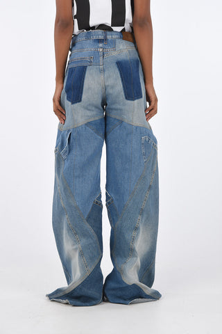 Visible Seams Color Block Wide Leg Jeans with Leather Belt Detail