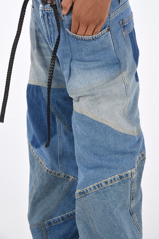 Visible Seams Color Block Wide Leg Jeans with Leather Belt Detail