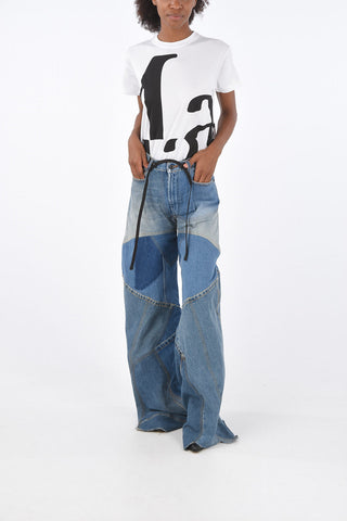 Visible Seams Color Block Wide Leg Jeans with Leather Belt Detail