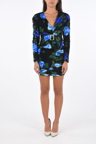 roses-print velvet bodycon dress with jewel buckle