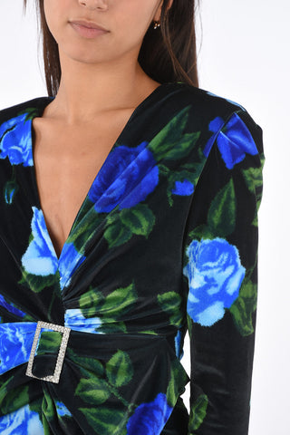 roses-print velvet bodycon dress with jewel buckle
