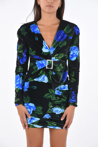 roses-print velvet bodycon dress with jewel buckle