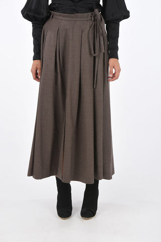 stretch wool maxi flared skirt with belt