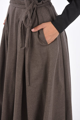 stretch wool maxi flared skirt with belt