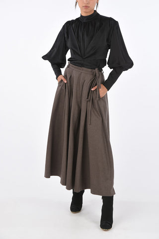 stretch wool maxi flared skirt with belt