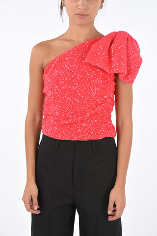 sequined 1-shoulder top with maxi bow