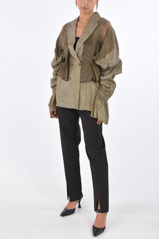 silk double breasted blazer with draped sleeve