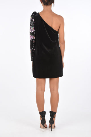 sequined BLOOM one shoulder mini bodycon dress