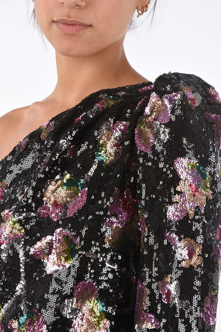 sequined BLOOM one shoulder mini bodycon dress