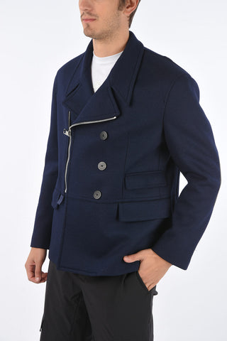 SLIM FIT Double-breasted Coat with Zip and Leather Inserts