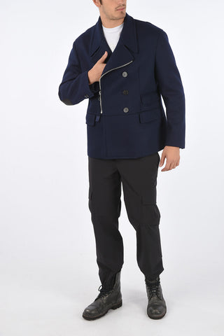 SLIM FIT Double-breasted Coat with Zip and Leather Inserts