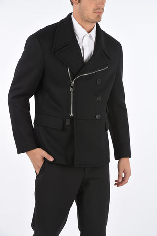 SLIM FIT Double-breasted Coat with Zip and Leather Inserts