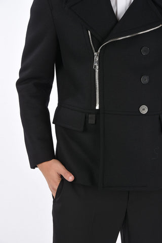 SLIM FIT Double-breasted Coat with Zip and Leather Inserts