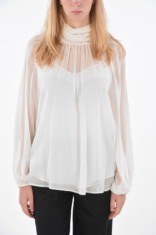 Stretch Silk Tie-Neck Blouse with Inner Petticoat