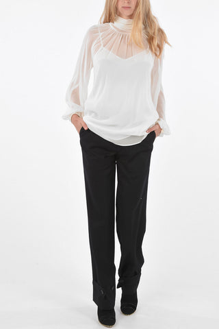 Stretch Silk Tie-Neck Blouse with Inner Petticoat
