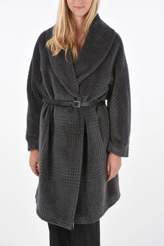 Crochet Wool Lined Coat with Textured Leather Belt