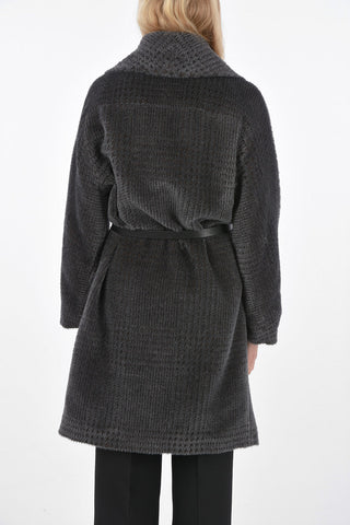 Crochet Wool Lined Coat with Textured Leather Belt