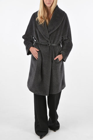 Crochet Wool Lined Coat with Textured Leather Belt