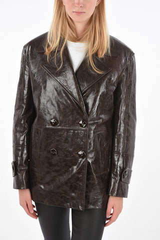 Coated Leather Jetted Pocket Double-Breasted Pea Coat 