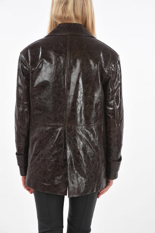 Coated Leather Jetted Pocket Double-Breasted Pea Coat 