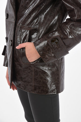 Coated Leather Jetted Pocket Double-Breasted Pea Coat 