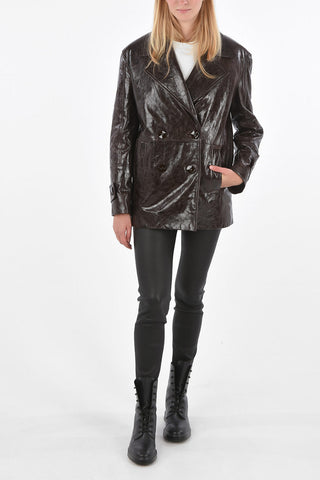 Coated Leather Jetted Pocket Double-Breasted Pea Coat 