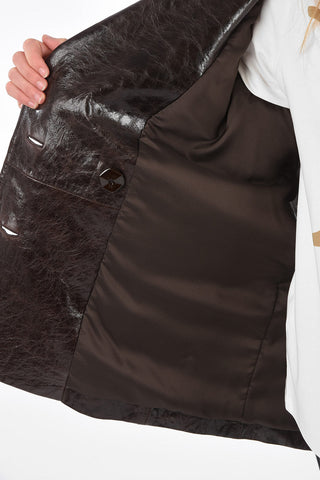Coated Leather Jetted Pocket Double-Breasted Pea Coat 