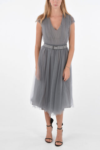 Tulle Midi A-Line Dress with Leather Belt