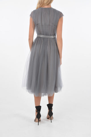 Tulle Midi A-Line Dress with Leather Belt