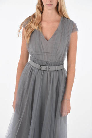Tulle Midi A-Line Dress with Leather Belt