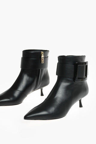 Leather Point Toe Heeled Booties with Side Buckle
