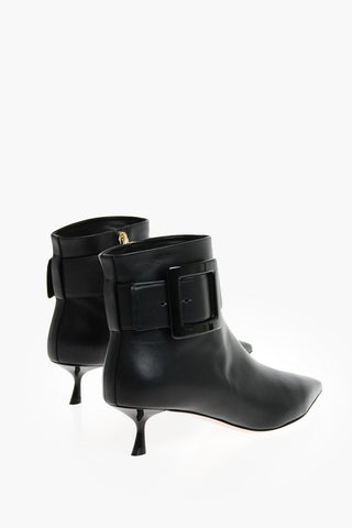 Leather Point Toe Heeled Booties with Side Buckle