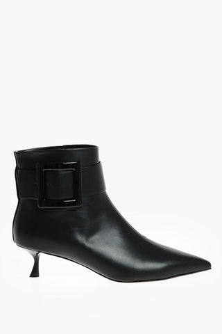 Leather Point Toe Heeled Booties with Side Buckle