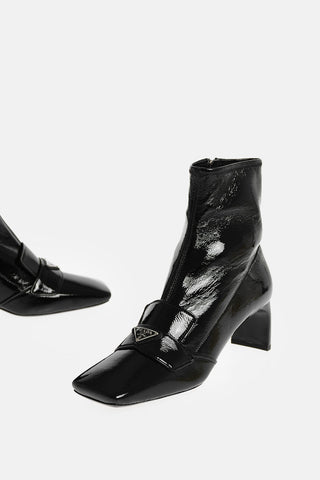 Patent Leather Squared Toe Booties with Logo Band