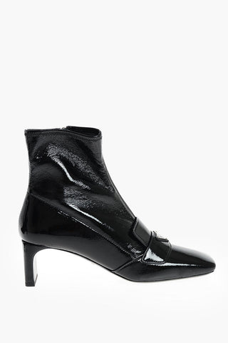 Patent Leather Squared Toe Booties with Logo Band