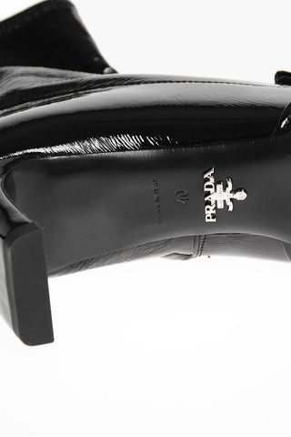 Patent Leather Squared Toe Booties with Logo Band