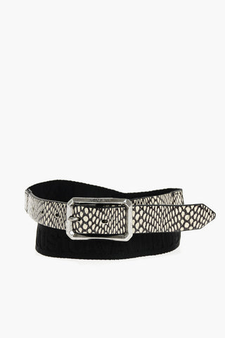 30mm Fabric and Leather Belt with Snake Print Detail