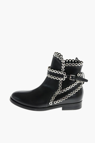 Leather Booties with Metal Circles and Ankle Strap