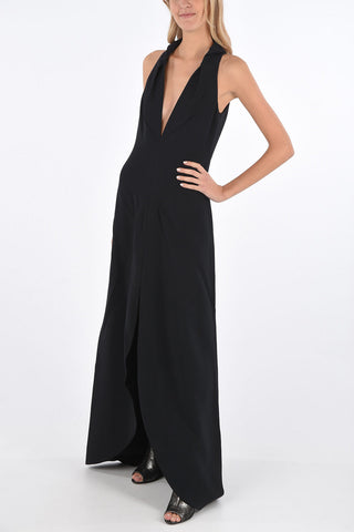 plunging neckline split-front hem floor lenght gown