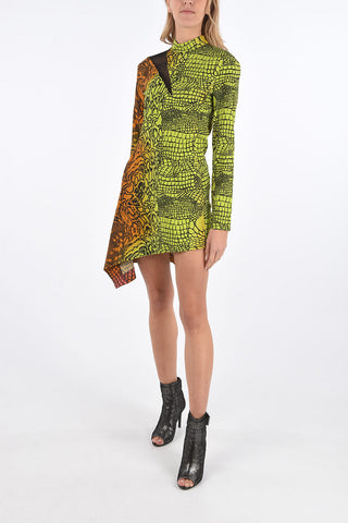 snake-print mini asymmetric dress with mesh detail