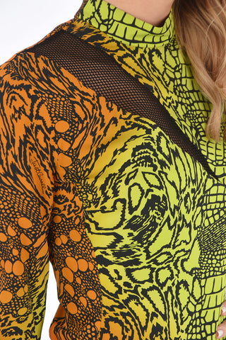 snake-print mini asymmetric dress with mesh detail