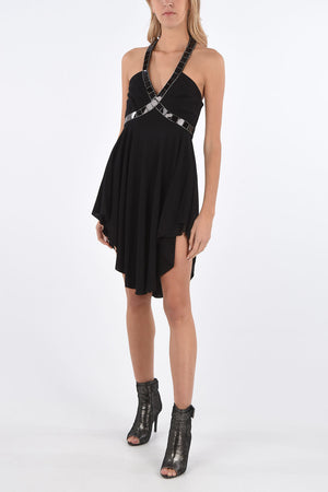 Asymmetric halterneck dress with zip back closure
