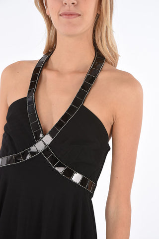Asymmetric halterneck dress with zip back closure