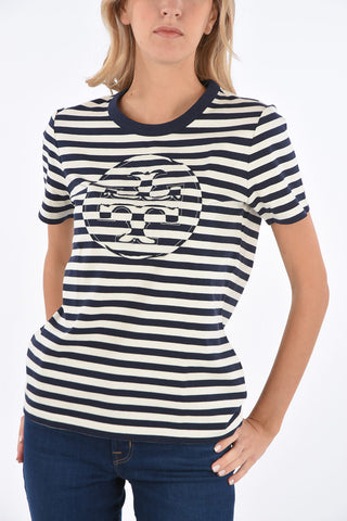 Crew Neck Logo Patch Striped T-Shirt