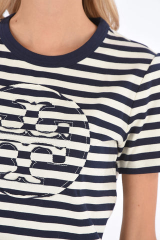 Crew Neck Logo Patch Striped T-Shirt